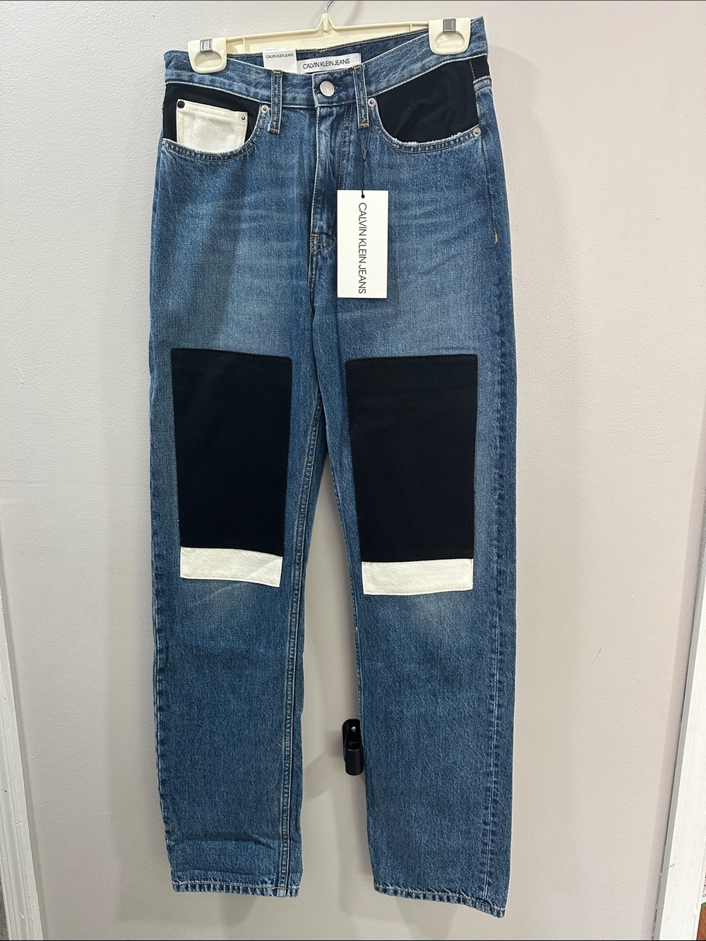Calvin Klein Jeans Blue Denim Straight Jeans with Black & White Panel Details